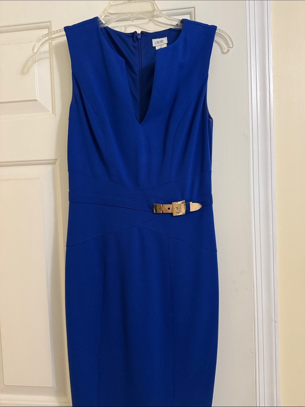 Cobalt Blue Sleeveless Sheath Dress with Gold-Tone Buckle